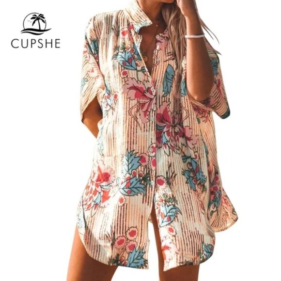 CUPSHE Floral & Striped Tropical Oversized Swim Beach Button Front Cover-Up Top - Picture 5 of 12